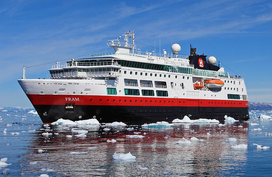 Hurtigruten's Fram offers exploration cruises to the Arctic and Antarctica, New Enland, Canada, Iceland and Norway